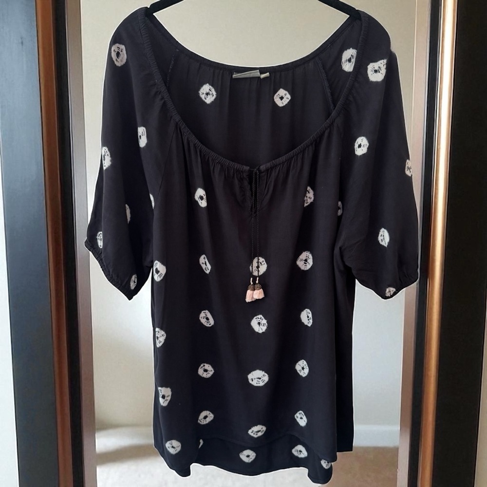 The Odells Anthropologie‎ Boho Black Shibori Dot Tie Dye Rayon Blouse Size XS